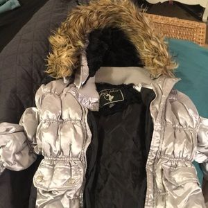 Baby phat puffer jacket silver with tan and black fur lining around hood. Sz Med